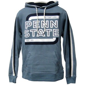 denim blue hooded sweatshirt with Penn State Nittany Lions Est. 1855 and stripes